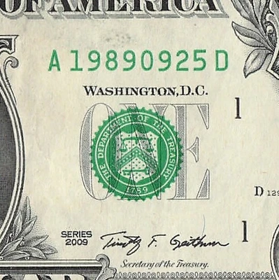 SEP 25 1989 Birthday Fancy Serial Number Date Note One Dollar Bill 09 25 1989 - Image 1 of 4