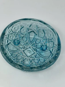 EAPG Turquoise Blue Three Footed Bowl Starburst Early American Pressed Glass 7" - Picture 1 of 3