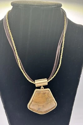 NEW CHICO'S LEATHER CORD CHOKER NECKLACE  Brown Resin Slider Pendant - Image 1 of 4