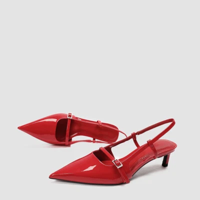 Woman Red PU Leather Slingback Sexy High Heel Pumps Fashion Slim Strap Sandals - Image 1 of 4