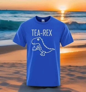 Casual Funny Blue Tea-Rex Coffee Dinosaur Minimalistic Design Cotton T-shirt  - Picture 1 of 6