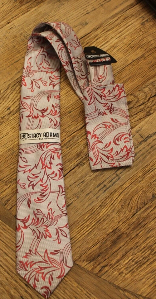 Gravata masculina Stacy Adams vermelha cinza padrão floral com bolso quadrado correspondente NOVA - Imagem 1 de 1