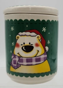 Merry Brite Holiday Ceramic Stoneware Green Cannister Jar Cup Bear Lid Christmas - Picture 1 of 8
