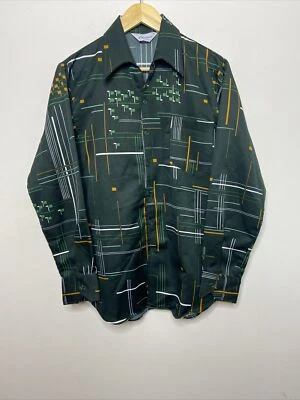 Camisa Vintage Charisma Townline Años 70 Disco Hombres M Verde Groovy Botón  Foto 1 de 4
