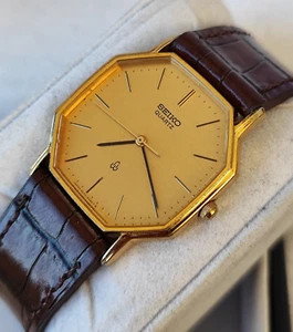 Reloj de vestir vintage Seiko caja octogonal chapado en oro cuarzo correa de cuero - Imagen 1 de 9