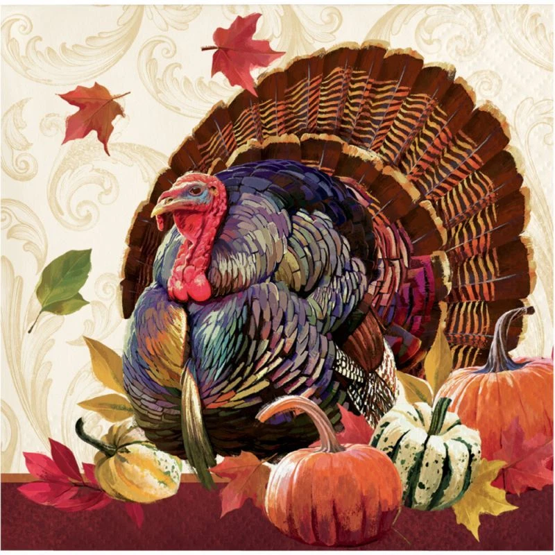 CREATIVE CONVERTING Thanksgiving Turkey Beverage Napkins Paper 16 Per Pack 5" x 5" Tableware