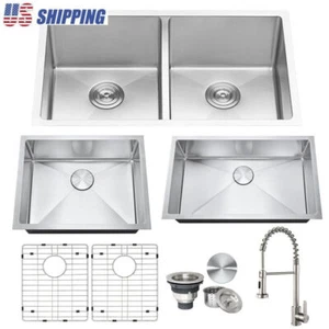 Undermount Single Double Bowl Stainless Steel Kitchen Sink Rectangular Basin US - Picture 1 of 52