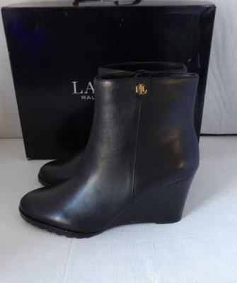 Bota para mujer Ralph Lauren Shaley auténtica de cuero de becerro negro bruñido nueva sin caja 9 B Foto 1 de 4