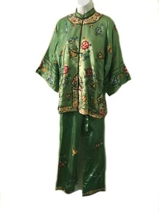 VTG Chinese Green Silk satin heavily embroidered ornate pajamas lounge set M - Picture 1 of 11