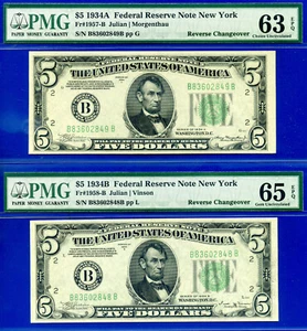1934A 1934B $5 New York Reverse Changeover FRN PMG 65EPQ gem Fr 1957-B Fr 1958-B - Picture 1 of 2