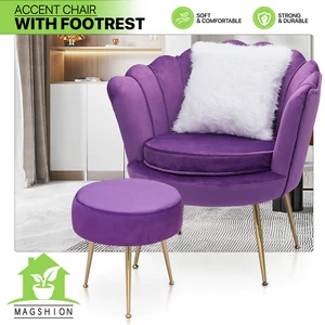 Modern Scalloped Back Accent Velvet Upholstered Tufted Vanity Chair + Foot Rest - Picture 1 of 24