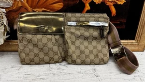 Gucci Sherry Line Crossbody Waist Bag GG Canvas Beige x Gold Waist Pouch Auth - Picture 1 of 18