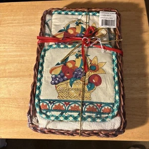 CESTA DE MIMBRE VINTAGE CON TOALLA DE COCINA/MITÓN DE HORNO/SOPORTE PARA OLLA - Imagen 1 de 4