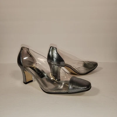 J RENEE Heels Womens 7.5M Vintage Clear Silver Metallic Textured Prom Wedding  - Image 1 of 4