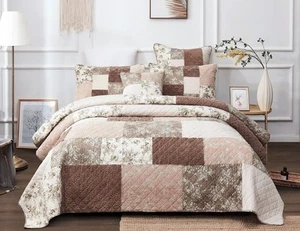 DaDa Bedding Vintage Dusty Rose Taupe Floral Cotton Patchwork Bedspread - Soo... - Picture 1 of 8