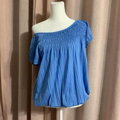 Daisy Fuentes blue cottage babydoll top puff sleeves sz large - Image 1 of 4