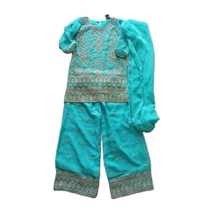 Girl Desi Outfit (Salwar Kameez) - Teal, Size 12, Embroidery, Bedazzled, 3 Piece - Picture 1 of 6