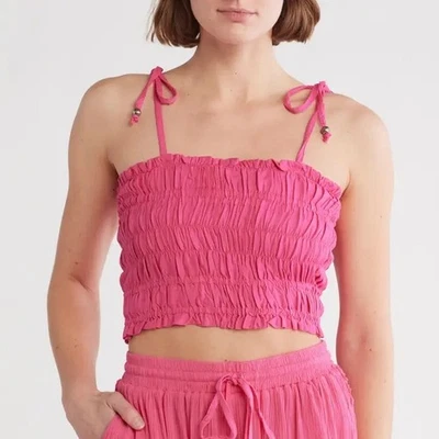 Blusa Elan nova com etiquetas tubo borrada rosa quente alça de gravata miçangas crop top sem mangas grande - Imagem 1 de 4