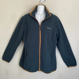 Columbia Full Zip Fleece Jacket Women's Sz L Blue Brown Trim Pockets Outdoors - Picture 1 of 13