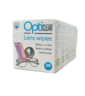 Opticlear Lens wipes 26 wipes x 6 Boxes Total 156 Wipes