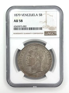1879 Venezuela First 5 Bolivares - NGC AU58 NGC Silver Coin - Picture 1 of 2