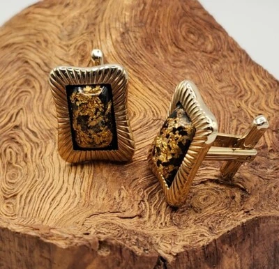 Vintage Hickock USA Signed Lucite Gold Foil Flake Cufflinks Formal Nugget 49ers - Image 1 of 4