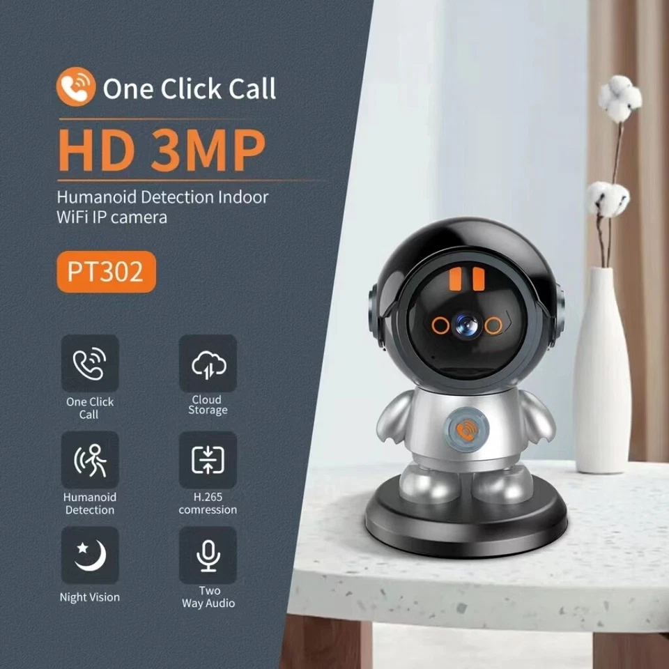 3MP Mini WiFi Robot Camera Home Security Human Detect One Key Call Baby Monitor - Image 1 of 4