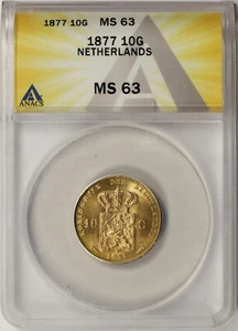 1877 Netherlands Broadaxe Gold 10 Gulden MS 63 ANACS - Picture 1 of 4