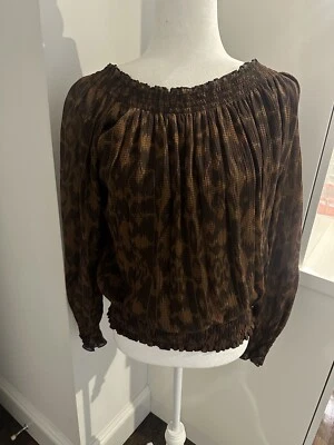 RALPH LAUREN SUPER SEXY HOMBRO DESCUBIERTO MARRÓN LEOPARDO SEMI TRANSPARENTE CALADO CROP TOP Foto 1 de 4