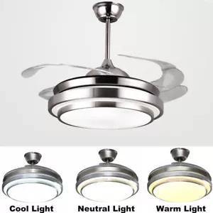 Invisible 42"Dimmable Ceiling Fan Light Retractable Blade Dining Room Chandelier - Picture 1 of 12