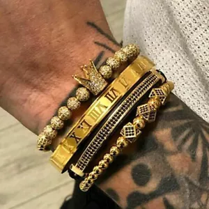 Bracciale Bracciale Bracciale Uomo Corona Oro 18kt Placcato Zirconia Oro Numerico Romano Acciaio Inox - Foto 1 di 12