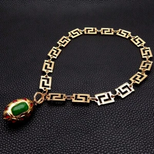 Green Jasper Red Crystal Oval Shape Pendant Gold Plated Chain Necklace - Picture 1 of 6