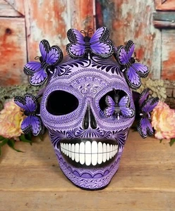 Day of the Dead Sugar Skull Purple Butterflies Handmade Clay Mexican Folk Art - Picture 1 of 12