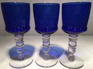 Set of 3 ~ 7”Cobalt Blue Wine Water Gothic-Style Glass Wine Glass ~ Unique Stem - Picture 1 of 8