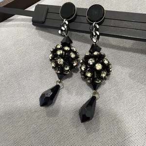 Vintage Costume Earrings Black & White Rhinestones Beads Dangle 3” - Picture 1 of 7