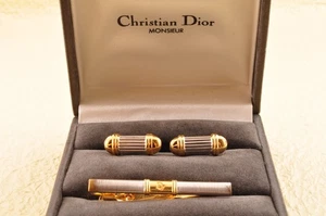 French "Christian Dior" cufflinks and tie clip gold and silver tone brand box. - Picture 1 of 21