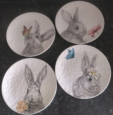 Adorable SKETCH EASTER/SPRING BUNNY 8.5" Salad Plate Set 4Pc. Pier 1  - Image 1 of 4