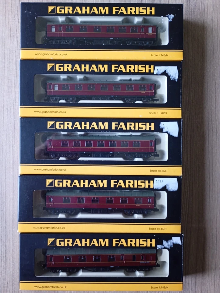 Rake Of 5 Graham Farish N Gauge Stanier BR Maroon Coaches New In Boxes  - Image 1 of 2