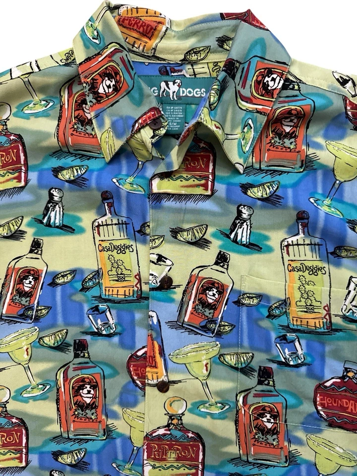 Camisa havaiana vintage Big Dogs masculina S/M multicolorida com estampa de álcool para cães - Imagem 1 de 4