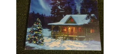 Quadro em tela árvore de cabine de Natal com luzes LED. 15 3/4" X 11 3/4" - Imagem 1 de 4