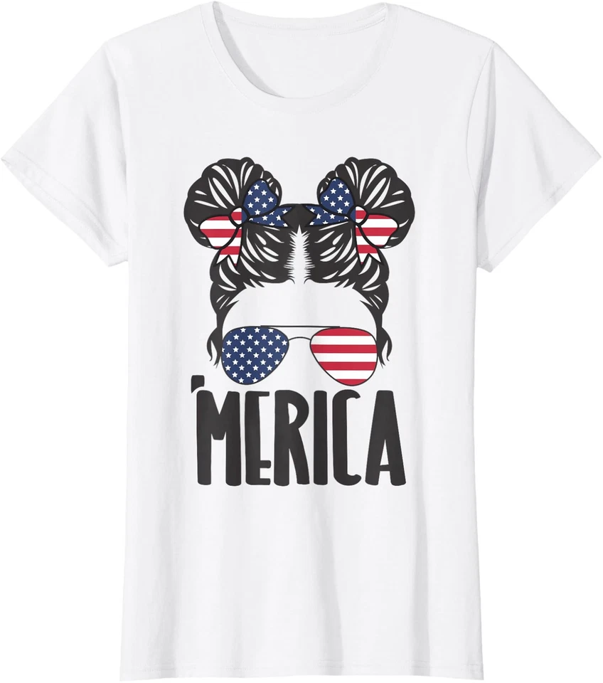 Messy Bun Merica Gafas de sol Mujeres Bandera de EE. UU. Damas Cuello redondo Camiseta Foto 1 de 1