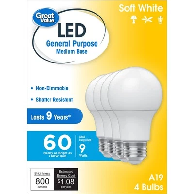Great Value LED Light Bulb, 9W (60W Equivalent), Non-dimmable, Soft White, 4Pack - Image 1 of 3
