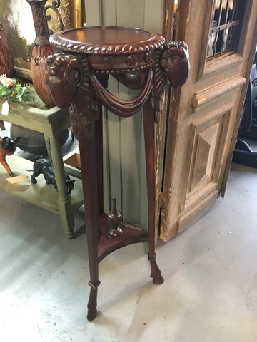 Antique Style Carved Mahogany Plant Stand W/ Rams Head & Hooved Feet Goat Cover