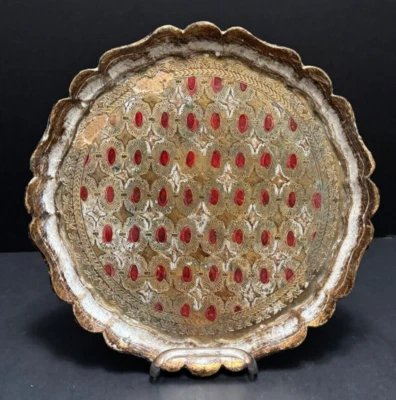 Vintage Florentine TOLE TRAY Round 11.5" Gold with Red Wood Hand Painted Italian - Image 1 of 4
