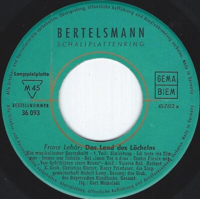 Franz Lehár - Das Land Des Lächelns (Operettenquerschnitt) 1958 7", Mono, Club - Image 1 of 2