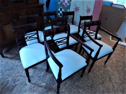 Original 19th C. English Antique Chair Set of 8, Mahogany, Satinwood, Restored Cover