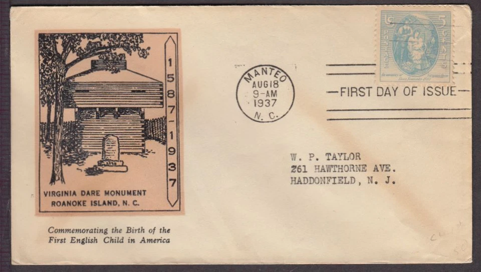 1937 Virginia Dare 350th Anniversary Sc 796-32 Linprint cachet - Image 1 of 1