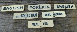 6 etiquetas de precio de carnicero celuloide inglés antiguo Reino Unido letreros jamón hervido ternera extranjera - Imagen 1 de 4