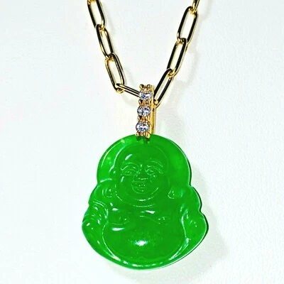 Cadena Clip Papel Oro Buena Fortuna Buda VERDE Riendo Sonriente Jade Helado Foto 1 de 4