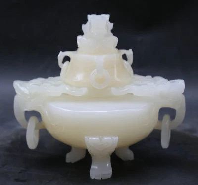 Quemador de incienso dragón animal adorable tallado a mano de jade blanco chino de 8,1"  Foto 1 de 4